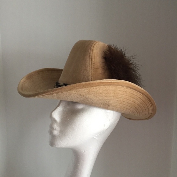 Vintage Womens Stetson Cowboy Western Hat Corduroy Cotton Feather Beige 6-3/4 - Picture 2 of 12